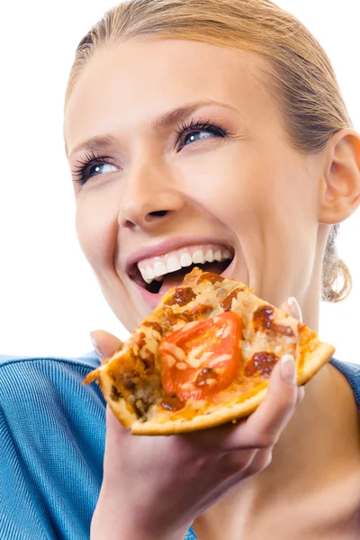 Woman eating pizza, isolated on white — Stock Photo, Image