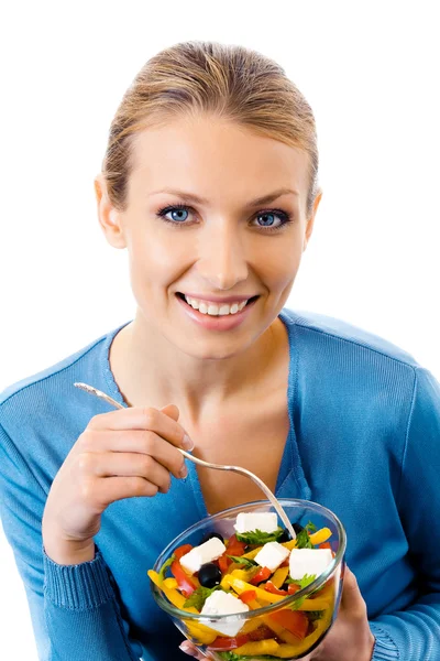 Boldog, mosolygós nő salátával, elszigetelt fehér — Stock Fotó