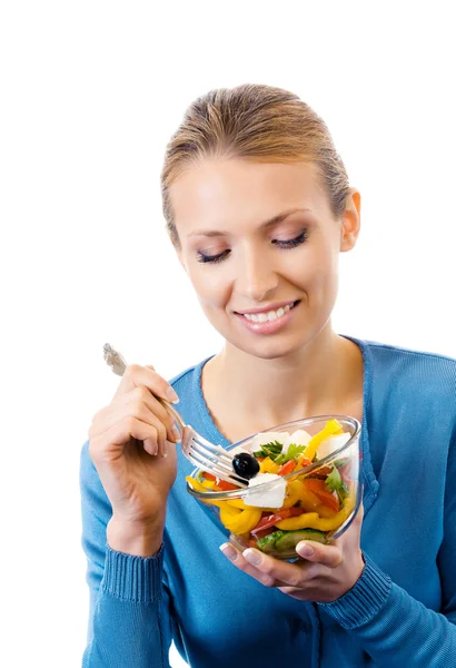 Gelukkig lachende vrouw met salade, geïsoleerd op wit — Stockfoto