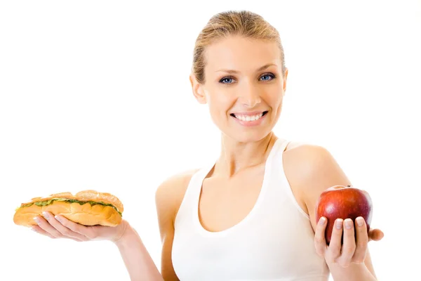 サンドイッチとアップルは、白で隔離される女性 — ストック写真