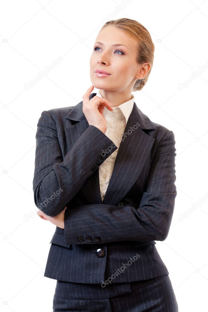 Portrait of thinking businesswoman, isolated on white