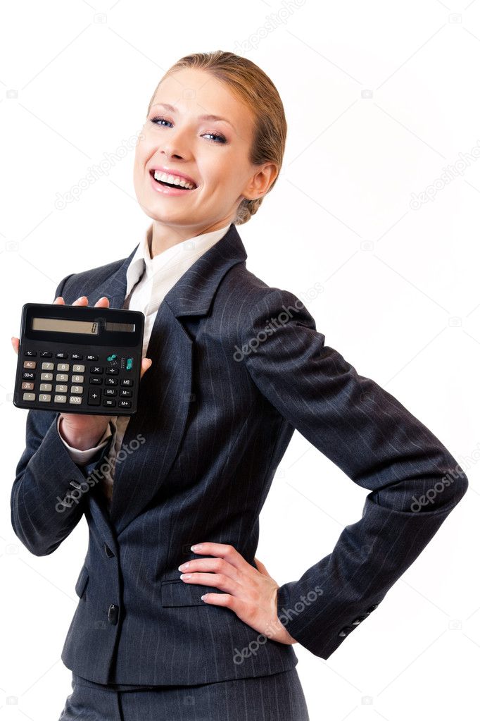Businesswoman showing calculator, isolated on white
