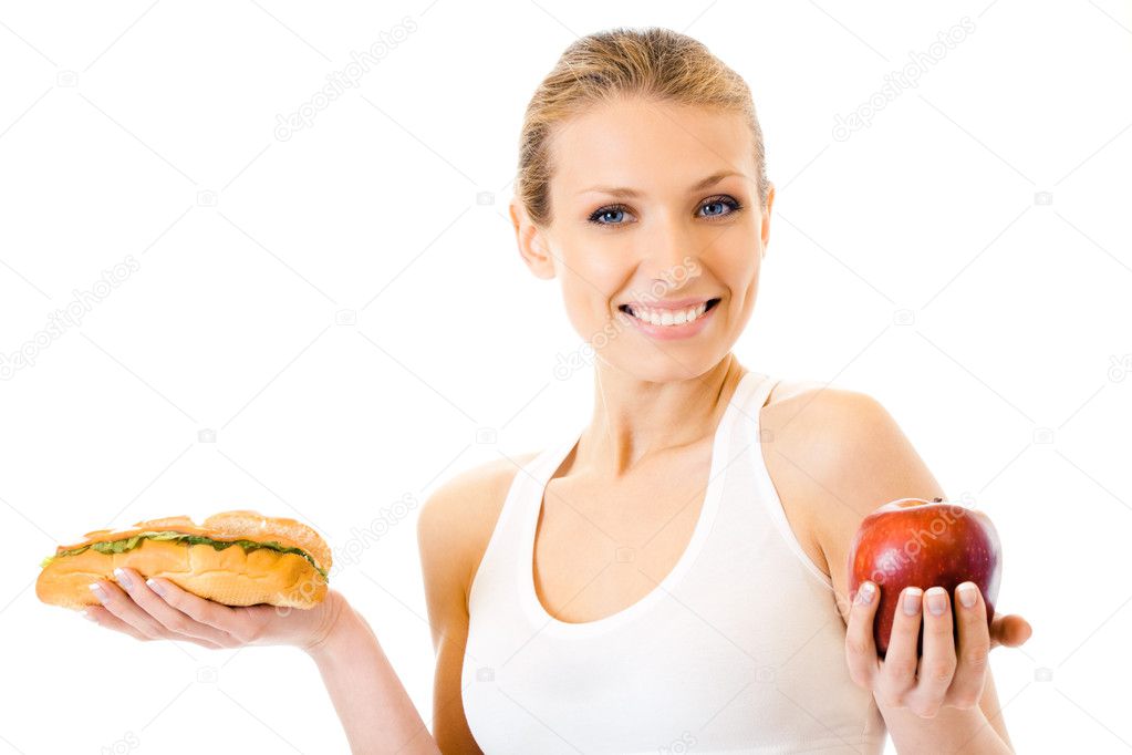 Woman with sandwich and apple, isolated on white