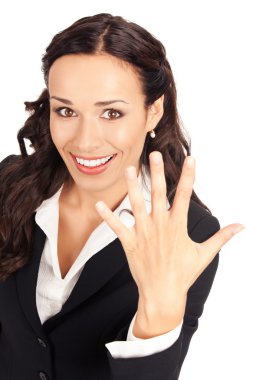 Businesswoman showing five fingers, on white clipart