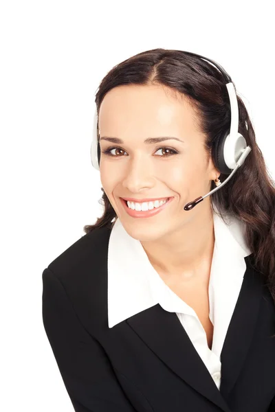 Support telefoon operator in hoofdtelefoon, op wit — Stockfoto