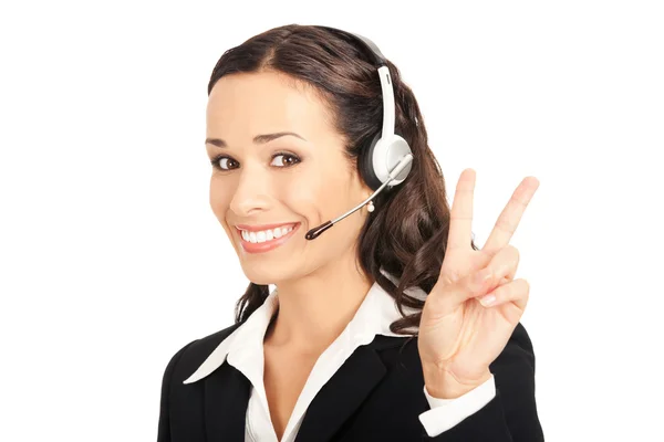 Support operator showing two fingers, on white — Stock Photo, Image