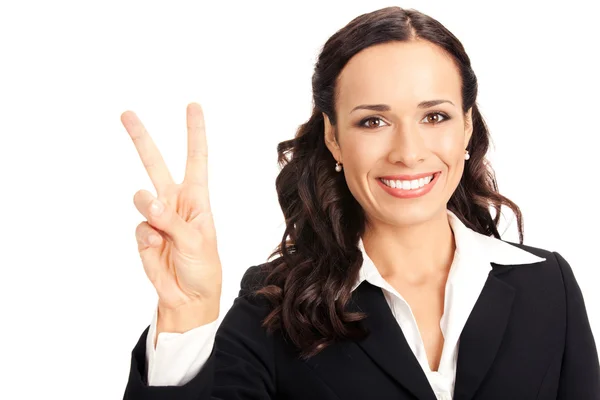 Geschäftsfrau zeigt zwei Finger, auf weiß — Stockfoto