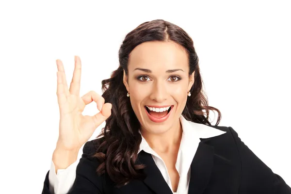 Business woman with okay gesture, on white — Stock Photo, Image