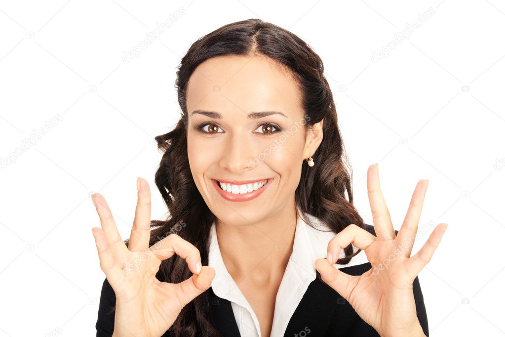 Business woman with okay gesture, on white