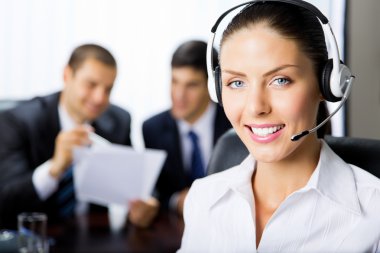 Portrait female support phone operator at workplace clipart