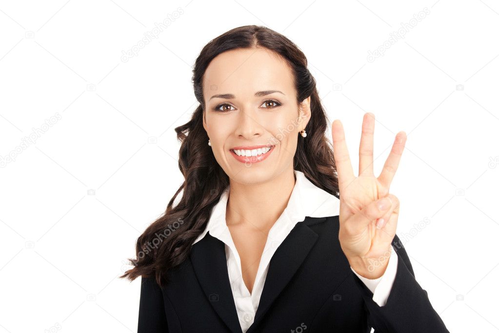 Businesswoman showing three fingers, on white