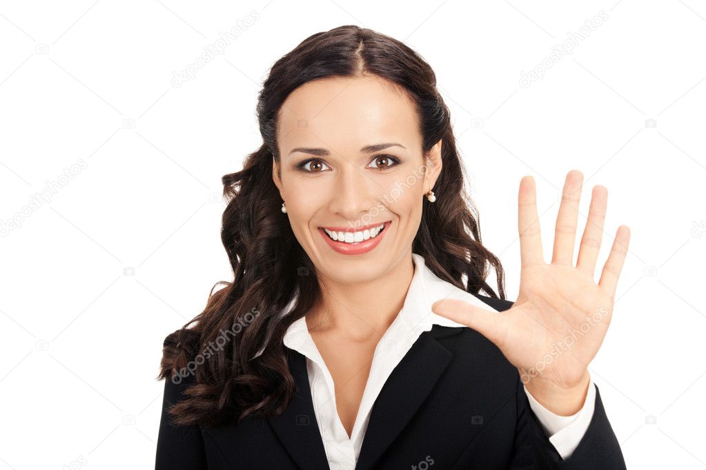 Businesswoman showing five fingers, on white