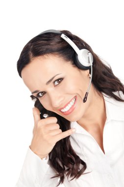 Support phone operator with call me gesture, on white clipart