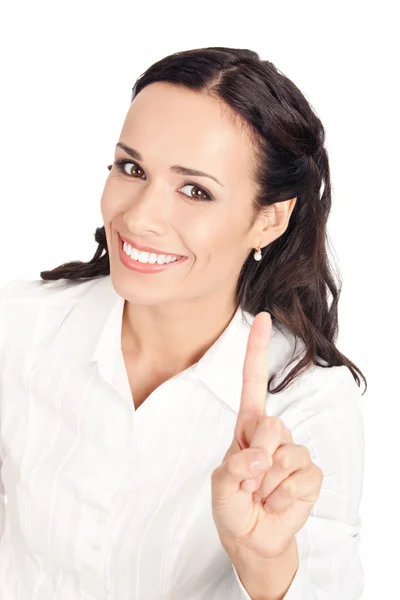 Affärskvinna visar ett finger, på vitt — Stockfoto