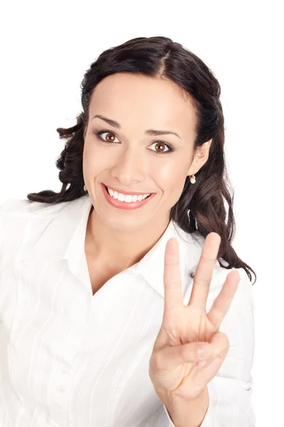 Affärskvinna som visar tre fingrar, på vitt — Stockfoto