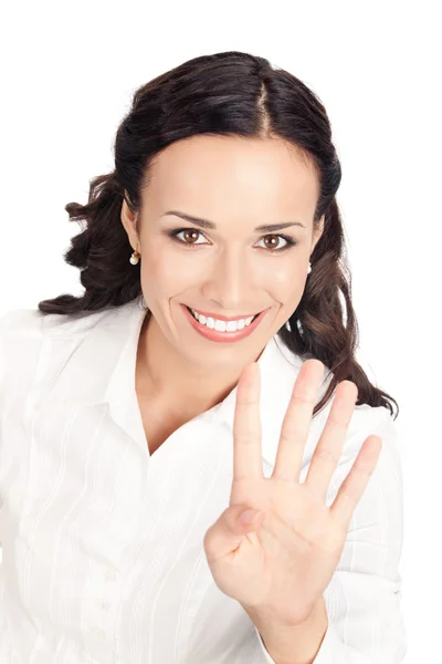 Podnikatelka, znázorňující čtyři prsty, na bílé — Stock fotografie