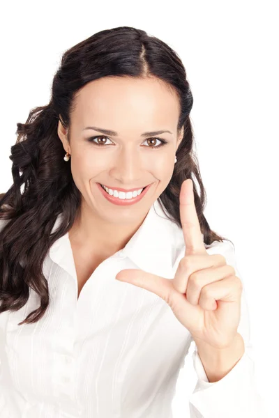 Бізнес-леді, що показує два пальці, на білому — стокове фото