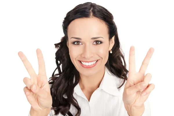 Businesswoman showing four fingers, on white — Stock Photo, Image