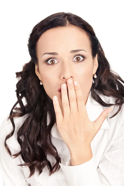 Business woman covering mouth, isolated — Stock Photo, Image