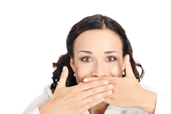 Γυναίκα των επιχειρήσεων που καλύπτουν το στόμα, απομονωμένη — Φωτογραφία Αρχείου
