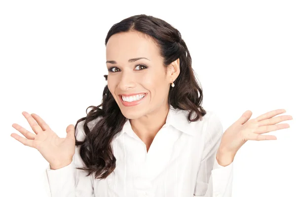 幸せなジェスチャー笑みを浮かべて女性実業家、分離 — ストック写真