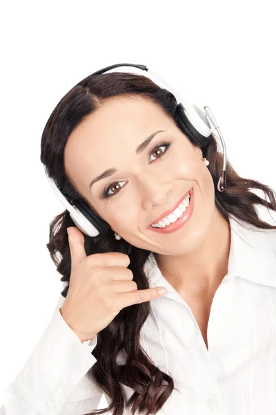 Operadora de telefone de apoio com chamada me gesto, em branco — Fotografia de Stock