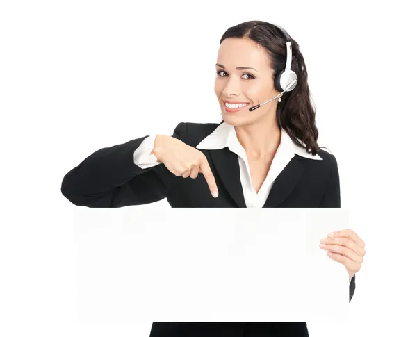 Support telefoon operator met uithangbord, geïsoleerd — Stockfoto