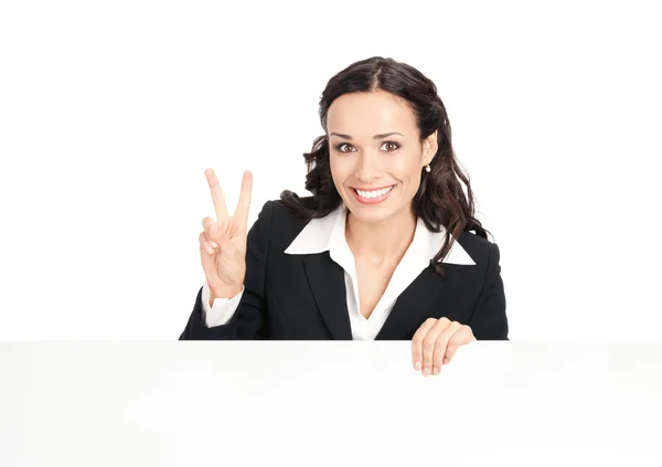 Affärskvinna visar tom skylt, över vita — Stockfoto