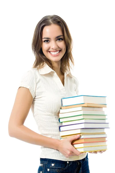 Jovem mulher sorridente feliz com livros didáticos — Fotografia de Stock