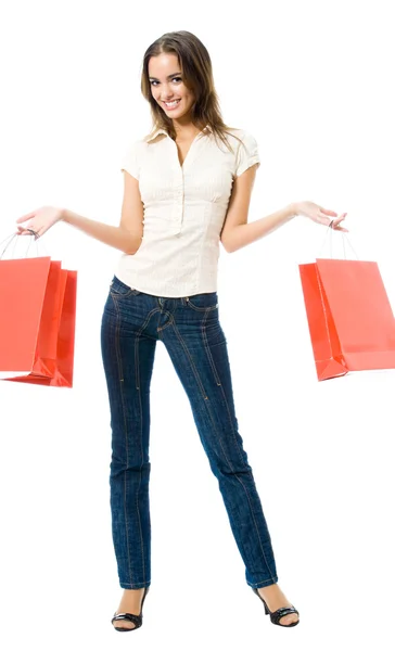Retrato de corpo inteiro de jovem mulher feliz com sacos de compras — Fotografia de Stock