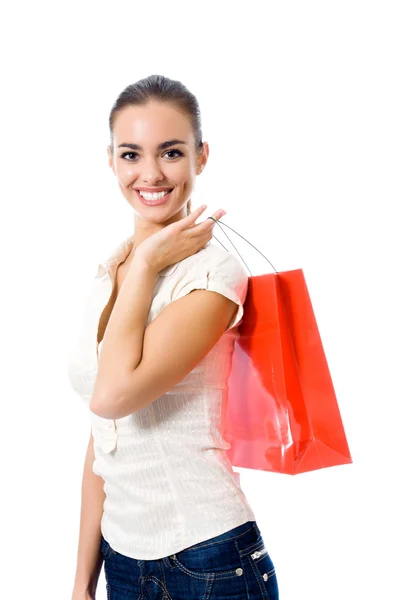 Alışveriş torbaları, izole olan mutlu kadın — Stok fotoğraf