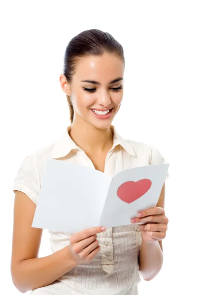Ung glad kvinna med valentine kort — Stockfoto