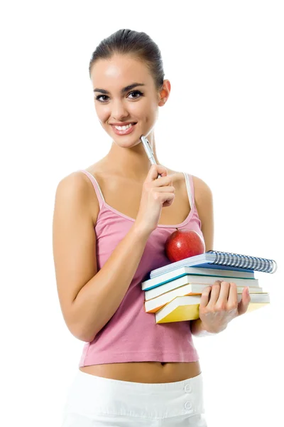 Woman with apple and notebooks — Stock Photo, Image