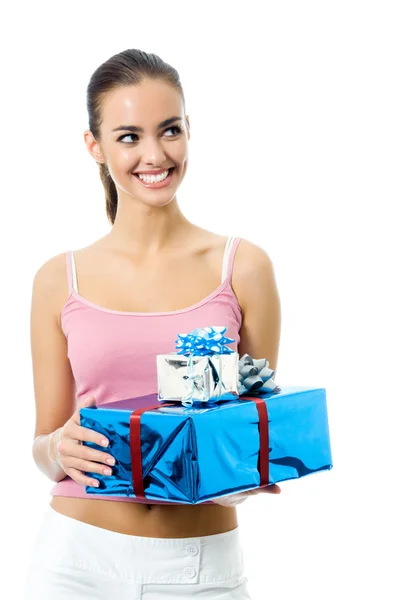 Vrouw met geschenken over Wit — Stockfoto