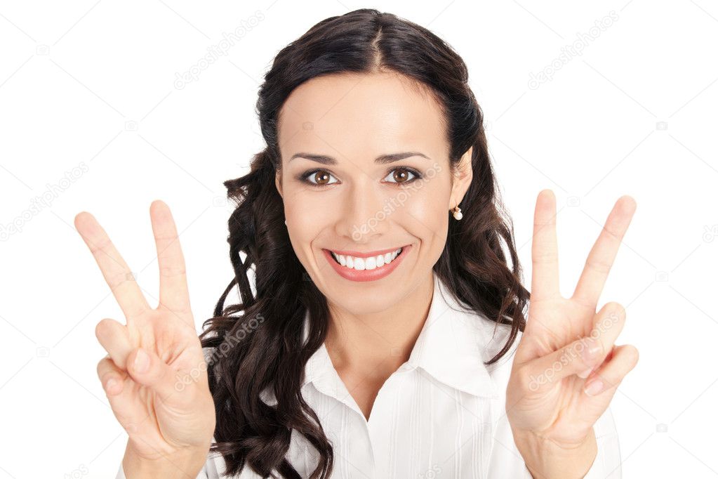 Businesswoman showing four fingers, on white