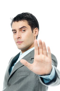 Businessman with stop gesture, over white clipart