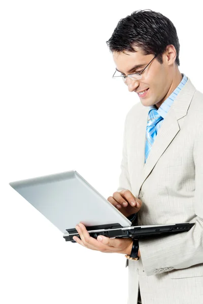 Бизнесмен, работающий с ноутбуком, над белым — стоковое фото