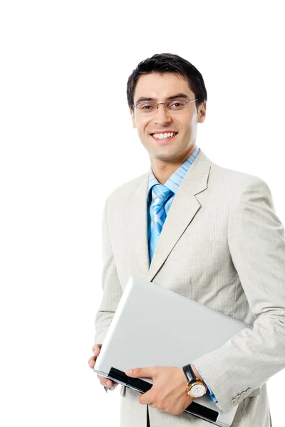 Empresario trabajando con portátil, sobre blanco — Foto de Stock