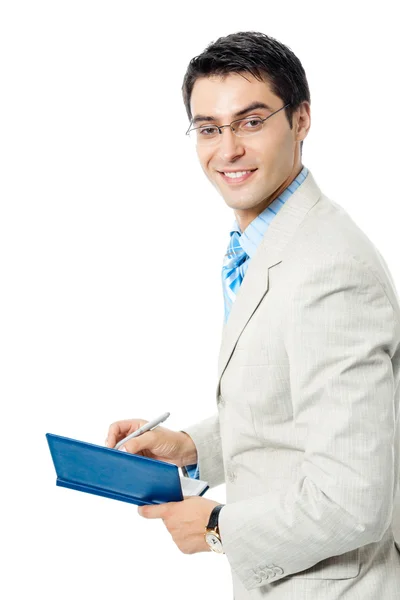 Бізнесмен з блокнотом, над білим — стокове фото