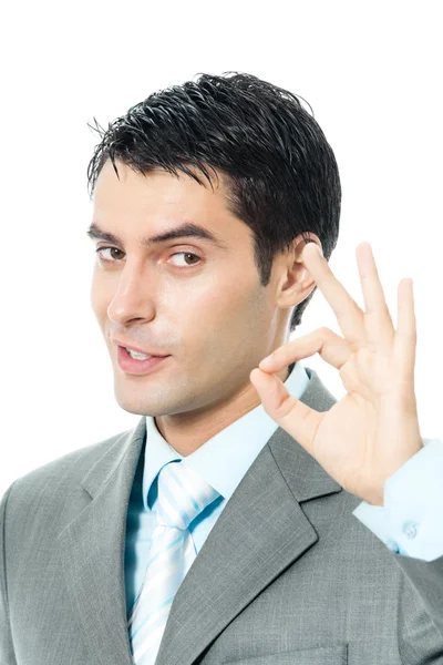 Бізнесмен з нормальним жестом, над білим — стокове фото