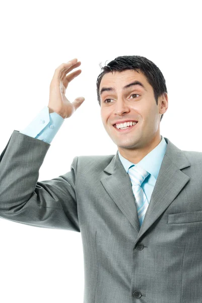 Empresário gestual feliz, sobre branco — Fotografia de Stock