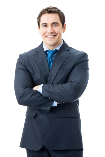 Portret van gelukkig lachend succesvolle zakenman, geïsoleerd op wh — Stockfoto