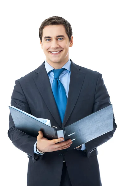 Porträtt av glada leende affärsman med mappen, isolerad på w — Stockfoto