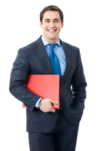 Πορτρέτο του ευτυχής χαμογελαστοί επιχειρηματίας με κόκκινο φάκελο, απομονωμένη — Φωτογραφία Αρχείου