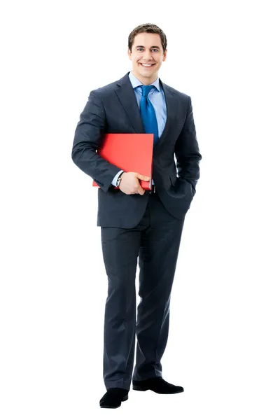 Ganzkörperporträt eines glücklich lächelnden Geschäftsmannes mit roter Mappe, — Stockfoto