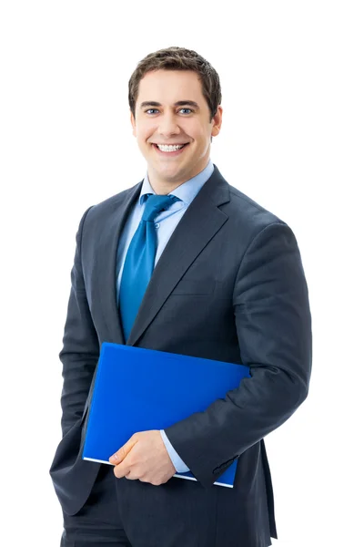 Ritratto di felice uomo d'affari sorridente con cartella blu, isolato — Foto Stock