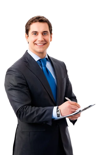 Portret van zakenman met pen, geïsoleerd op wit — Stockfoto