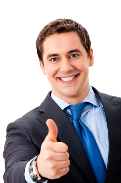 Счастливый бизнесмен с большим пальцем вверх жест, изолированные на белом — стоковое фото