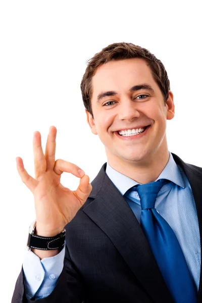 Портрет счастливого жеста бизнесмена, изолированного на белом — стоковое фото