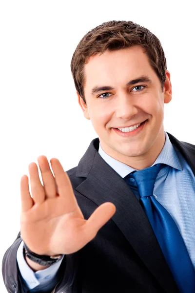 Счастливый жест бизнесмен, изолированный на белом — стоковое фото